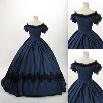 1860 m. Viktorijos Off Peties vakarinę Suknelę Moterų Derliaus Elegantiškas Kamuolys Suknelė pilietinio Karo Pietų Belle Mėlyna Suknelė pagal Užsakymą