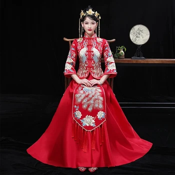2020 m. Pavasarį Naujas Kinijos Vestuvių Xiuhe Drabužius Rankomis Išsiuvinėti Senovės Vestuvių Suknelė Drakonas ir Feniksas Suknelė