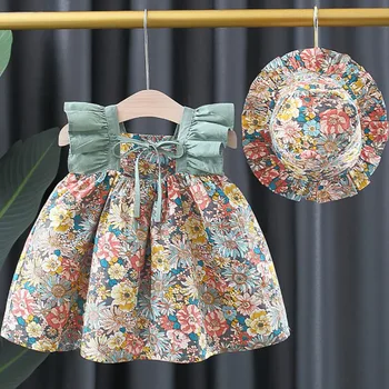2022 m. Vasarą Naujagimių Suknelė Kūdikių Mergaičių Drabužių Rinkiniai Mielas Spausdinti Lankas Suknelės Kūdikiams 1-asis Gimtadienis Princesė Dress Komplektai su Skrybėlę