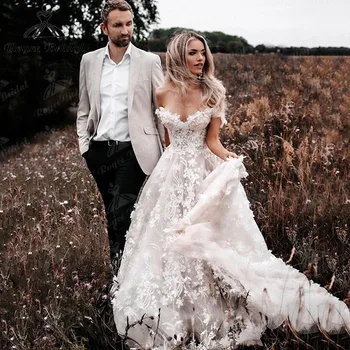 2022 Vestuvių Suknelė nuo Peties Bžūp Rankovėmis 3D Gėlių Nėrinių Appliqued Brangioji Individualų Vestuvinių Suknelių Vestido De Novia