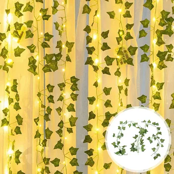 2M Klevo Lapai Vynuogių Netikrą Vijoklis Žalias Lapas su 20 LED String Žibintai Ivy Girliandą Padirbtų Augalų Sienos Sodas Šalis Kambarį