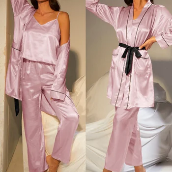3PCS Pižama Nustatyti Skraiste&Diržas&Kelnės Kostiumas Satino Sleepwear V-Kaklo Vasaros Namų Drabužių Sexy Namų Drabužiai, Pižamos Pour Femme Pižamą