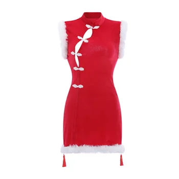 Azijos Seksuali Moteris Raudona Chi-pao Moterų Kalėdų Backless Pliušinis Apvalkalas Suknelė Roleplay Bodysuit Clubwear