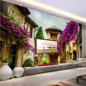 beibehang Užsakymą tapetai 3D freskos Europos architektūros kaime violetinė gėlė vynuogių TV fono sienos kambarį 3d tapetai