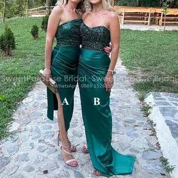 Blizgučiai Bling Bridesmaid Dresses Apvalkalas, Ilgą Stebėjimo Smaragdas Žalia Pusės Split Tarnaitė Garbės Vestuves Moterims