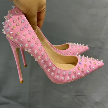 Crystal Šuoliai Moterų Rožinė Patentų Point Kojų Aukšti Kulniukai Batai Ponios Sexy Kniedės Dizaineris Stiletto Siurbliai, 8cm 10cm, 12cm