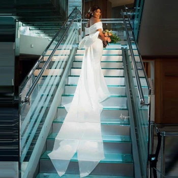 Didelis Lankas Vestuvių Suknelės Aso Ebi Stilių Plius Dydžio Satino Bžūp Rankovėmis Nuimamas Traukinio Raukiniai Undinė Vestuvinės Suknelės