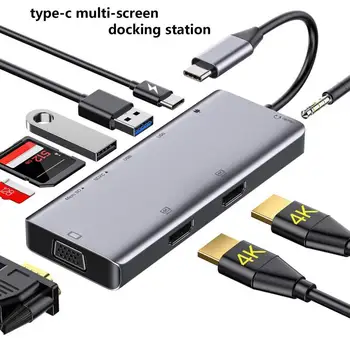 Docking Station 9-in-1 Trigubas Ekranas 2 Adapteris HDMI suderinamus VGA PD3.0 Micro-SD/TF Kortelių Skaitytuvas 3.5 mm Audio USB-C Centru PC