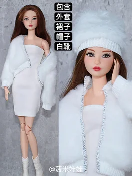 Drabužių set / Balta suknelė + pliušinis kailis + hat / 30cm lėlės drabužių žiemą dėvėti aprangą 1/6 Xinyi FR ST mengfan Barbie Lėlės