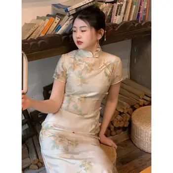 Elegantiškas Cheongsam Gėlių Moterų Derliaus Dienos Vestuvių Suknelė Plonas Vasaros Atsitiktinis Suknelės Naujas Kinų Stiliaus Qipao S Iki Xxl