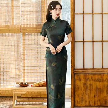 Iki 2023 m. Pavasarį Naujas Žalioji Slim Cheongsam Kinų Stiliaus Stovėti Apykaklės Mados Cheongsam trumparankoviai Pokylių Suknelė