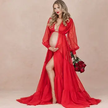 Ilgomis Rankovėmis Raudona Motinystės Suknelės Vien Tiulio Fotografijos Padažu Suknelė Moterims Promenadzie Suknelė Vintage Nuotakos apdaras de mariee