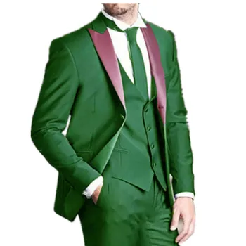 Italų Stiliaus Vyrų Kostiumai 3 Gabalus Pasiekė Atvartas, Žalia Blzaer Mados Užsakymą Vestuvių Jaunikis Slim Fit Smokingas (Švarkas + Liemenė + Kelnės)