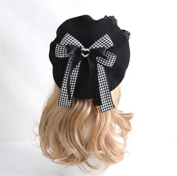 Japonijos JK Lolita Beretė Skrybėlę Moterų, Mergaičių, Vilnos Kawaii Bowknot Jaučiausi Beanie Kepurė Žiemos Šiltos Kepurės D1288