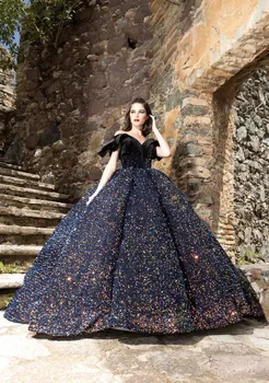 Juoda Charro Quinceanera Suknelės Kamuolys Suknelė Nuo Peties Blizgančiais Sparkle Meksikos Saldus 16 Suknelės 15 Anos