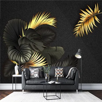 Juodos ir aukso atogrąžų medžių lapai, palmių lapai, 3D individualų miegamasis, svetainė, sofa-lova, TV foną, sienų dažymas, tapetų