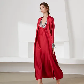 Jxgarb Moterų Rudenį Ir Žiemą Ilgai Mantija Dizaino Suknelė Rinkiniai Elegantiškas Satino Chalatas + Sleepshirts 2Pieces naktiniai drabužiai