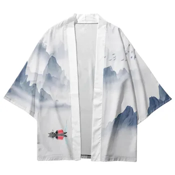 Kinų Stiliaus Mados Balto Print Kimono Streetwear Cardigan Harajuku Haori Viršuje Moterys Vyrai Samurajus Marškinėliai Yukata