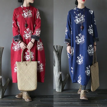 Kinų Stiliaus Žiemos Qipao Tradicinių Drabužių, Apsiaustą Etninės Prarasti Spausdinimo Aksomo Storio Plius Kašmyras Vidutinio ilgio Suknelė Moterų