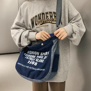 Korėjos Drobės Krepšys Y2K Shopper Bag Laiškas Spausdinti Džinsinio Pečių Krepšiai Moterų Naujus Džinsus Ekologinio Maišelį Senovinių Knygų Kryžiaus Krepšys