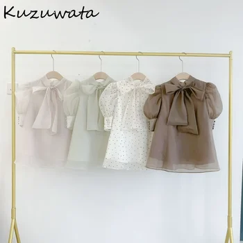 Kuzuwata Palace Stiliaus Japonų Saldus Marškinėliai 2023 Vasaros Naują Moterų Pusę Sluoksniuotos Rankovėmis Palaidinė Nėrinių Apykaklę Kietas Dot Mujer Blusa