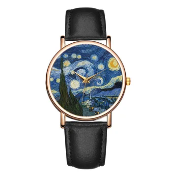Kūrybos Moterų Laikrodžiai Van Gogho Paveikslų Į Žvaigždėtą Naktį Apyrankė Paprasta, Trys-pin Odinis Dirželis Ponios Žiūrėti Dovana Moterims