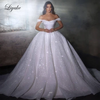 Liyuke Prabanga Bling Duobute Perlai Siuvinėjimo Nėrinių Nuo Peties Princesė Kamuolys Suknelė Vestuvių Suknelės