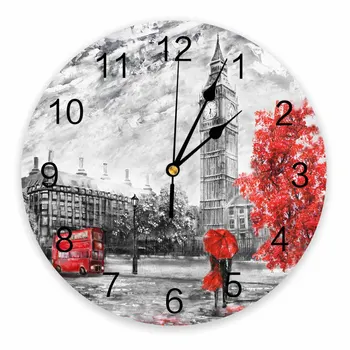 Londono Raudonas Skėtis Autobusų Medžio Aliejaus Tapyba, Dekoratyvinės Apvalus Sieninis Laikrodis Individualizuotos Dizainas Ne Pažymint Silent Miegamieji, Didelis Sieninis Laikrodis