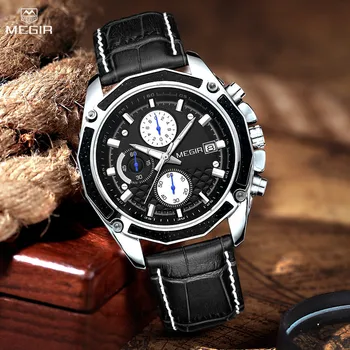 MEGIR Mados Prabangių Sporto Laikrodžiai Prabangos Prekės Vandeniui Odos Chronograph Kvarcas Karinės Laikrodis Laikrodis Vyrams 2015 m.