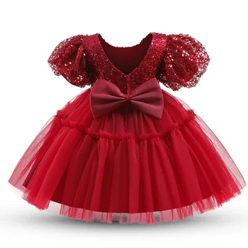 Mergaičių china šalis suknelė, Kalėdų ir Naujųjų Metų raudoną vakarinę suknelę, purus rankovės princesė suknelė, 1-5 metų amžiaus kūdikiui gimtadienis