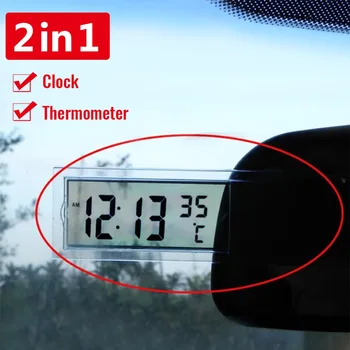 Mini 2 in 1 LCD Skaitmeninis Auto Automobilis, Sunkvežimis, Laikrodis + Termometras Su siurbtukas Temperatural Priemonės