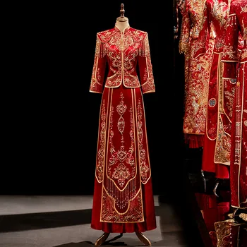 Moterų Atlasas Cheongsam Duobute Kutai Qipao Kinų Stiliaus Blizgančiais Vestuvių Suknelė Rytietiškų Drabužių Vestido