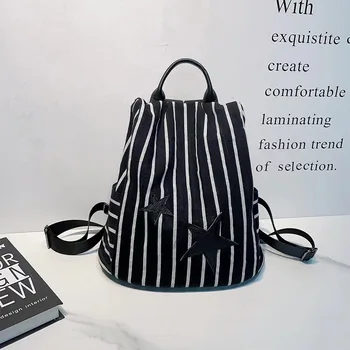 Moterų drobės backpack black white stripes paprastas didelės talpos mokyklos maišą atsitiktinis kelionės darbą maišelių moterų naujo dizaino