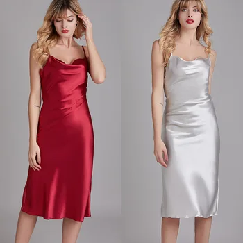 Moterų Nightdress vientisos Spalvos Satino Nightgowns Sexy Ilga Chemise Sleepwear