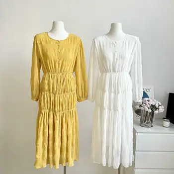 Naujasis Prancūzijos Dizaino Pavasario Vasaros Kietas Klostavimas Elastinga Juosmens Suknelė Aukštos Kokybės Moterų, O Kaklo Vieno Krūtinėmis Midi Suknelė