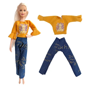 NK 1 Set Lėlės Mados Geltona Bell Rankovės Viršuje Mėlyna Laišką Kelnės Atsitiktinis Kasdienius Drabužius Barbie Priedai Lėlė Mergaitė Dovana Žaislas