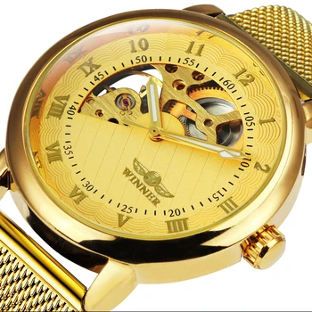NUGALĖTOJAS Vintage Gold Mechaninė Vyrai Laikrodžiai Pusę Padengti Skeletas Dial Akių Dirželis Žiūrėti Vyrams, Prekės Prabangos Vyrų Žiūrėti