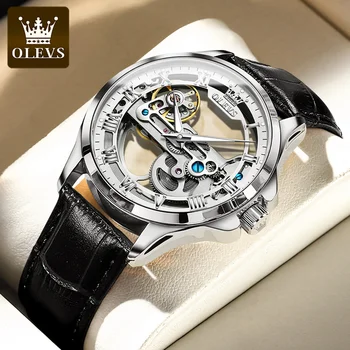 OLEVS Prabangos Prekės Vyrų Laikrodžiai Automatinis Mechaninis Laikrodis Skeleto Dizainas, Odinis Dirželis atsparus Vandeniui Vyrų Žiūrėti Reloj Hombre
