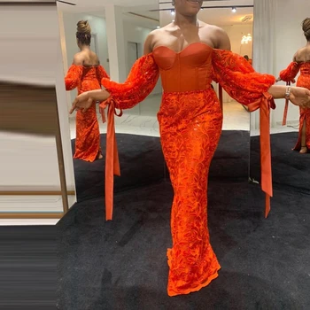 Oranžinė Aso Ebi Vakare Chalatai Undinė Appliques nuo Peties Plius Dydis Oficialų Prom Afrikos Šalis Suknelės gala jurken