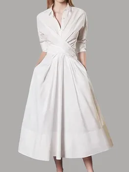 Pavasarį, Vasarą Atvartas Kietas Dirželis Ilgomis Rankovėmis Suknelė Balta Suknelė Moterims Drabužių Streetwear Vakaro Suknelės