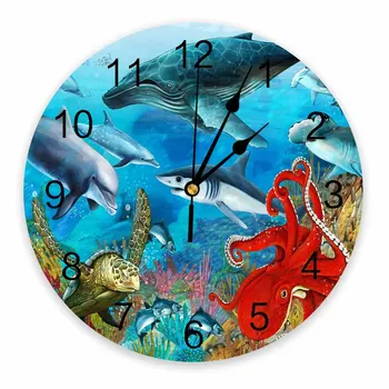 Povandeninio Pasaulio Ryklių Aštuonkojai Koralų Dekoratyvinis Apvalus Sieninis Laikrodis Individualizuotos Dizainas Ne Pažymint Silent Miegamieji, Didelis Sieninis Laikrodis