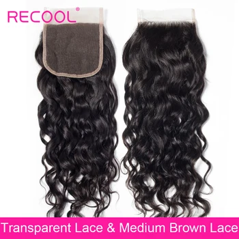 Recool HD Skaidrus Nėriniai Uždarymo Brazilijos Vandens Banga 4x4 colių Šveicarijos Nėrinių Uždarymo Laisva/Viduriniosios Viršų Uždarymo Remy Human Hair