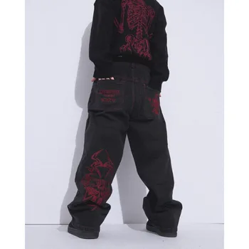 Retro Kaukolė Siuvinėjimo Vyrų Džinsai Y2K Hip-Hop Tiesios Kelnės Atsitiktinis Negabaritinių Džinsinio audinio Kelnės Amerikos Gatvės Streetwear Kelnės