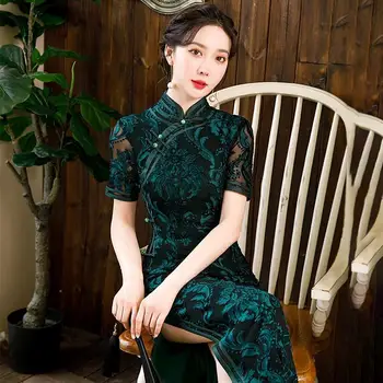 Senasis Šanchajus Nėrinių Ilgai Cheongsam Moterų Rudenį 2023 Naujų Ekologiškų Cheongsam Retro Slim Fit Suknelė