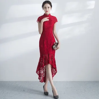 Sexy Raudoni Nėriniai Mermaid Dress Asmmetrical Kinijos Nuotakos Vestuvių Qipao Derliaus Mandarinų Apykaklės Suknelės Apvalkalą Užtrauktukas Cheongsam