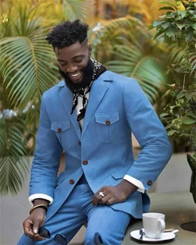 Sky Blue Coat Kelnes Naujausias Dizaino Kostiumas Vyrams Šalies Prom Dresses Slim Įrengtas 2 Vnt Verslo Stiliaus Kostiumai Oficialus Drabužiai