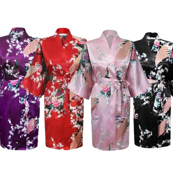 Suknelė Kimono Japonų Stiliaus Povas Gėlių Spausdinti Satino Prarasti Tradiciniai sleepwear Haori Azijos Drabužių Pižama Maudymosi Chalatas