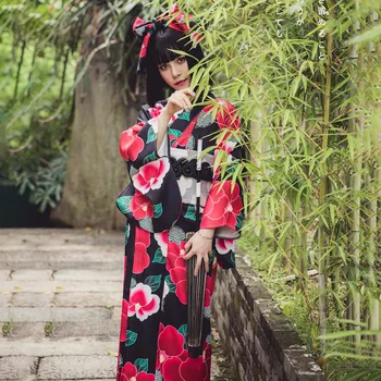 Tradicinis Moterų Vakare Šalis Suknelė Japonų Stiliaus Geiša Cosplay Kostiumai, Derliaus Ponios Spausdinti Gėlių Kimono Yukata Suknelė