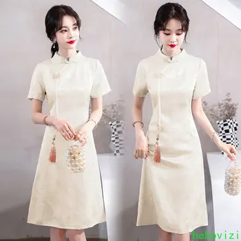 Tradicinės Kinų Cheongsam Drabužiai Moterims Šiuolaikinės Qipao trumpomis Rankovėmis Suknelė