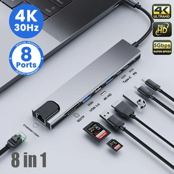 USB C HUB Tipo C į HDMI Adapteris 1000Mbps Ethernet Su USB3.1 RJ45 Nešiojamas 4K HDMI SD/TF Kortelių Skaitytuvas PD Greitai Imti Mac＆PC